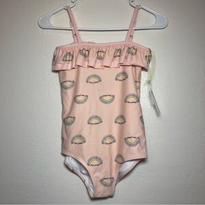 NEON REBELS Isadora Pink Ruffle One Piece Swim Suit Rainbow Sz 10Y NWT Shimmery